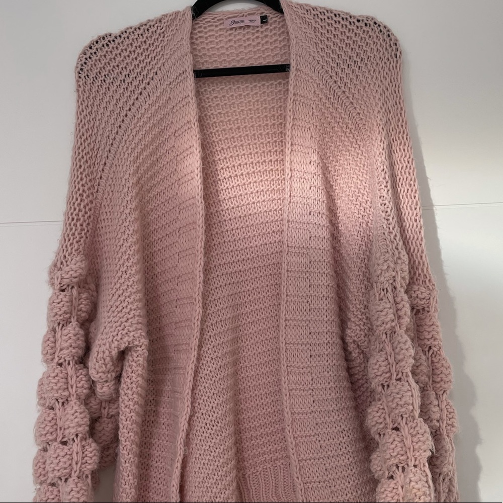 Pom Pom Sleeve Blush Cardigan